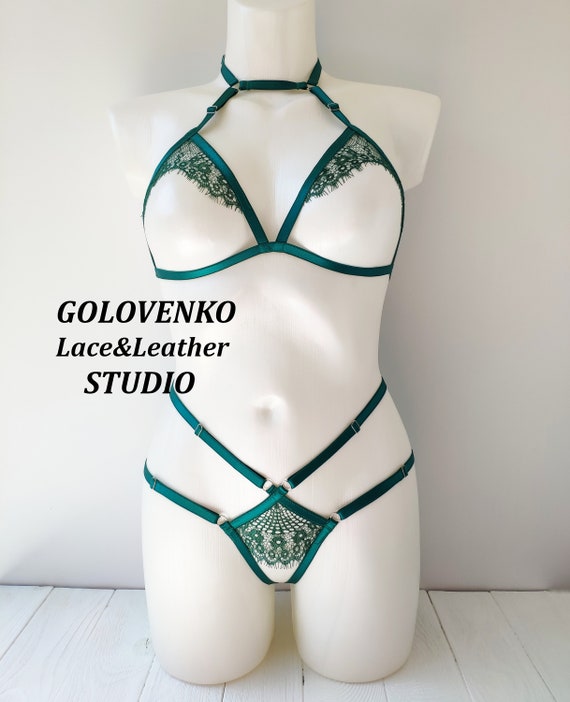 Buy Emerald Open Crotch Lingerie Set, Green Crotchless Lingerie