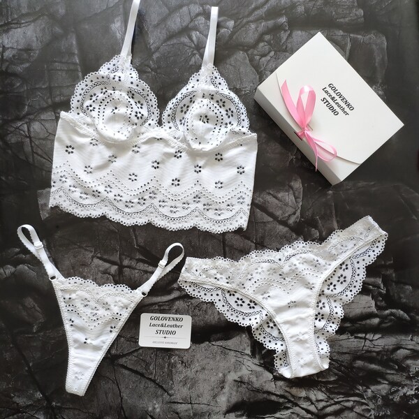 Haut et culotte de soutien-gorge blanc, haut court en dentelle blanche, lingerie de soirée enterrement de vie de jeune fille, sous-vêtements de mariage sexy, soutien-gorge souple sans fil, bralette à la palangre