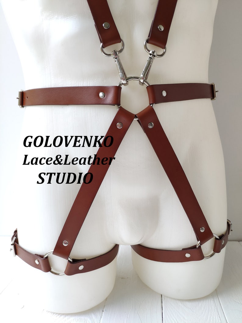 Men S Full Body Leather Harness Brown Genuine Leather Etsy