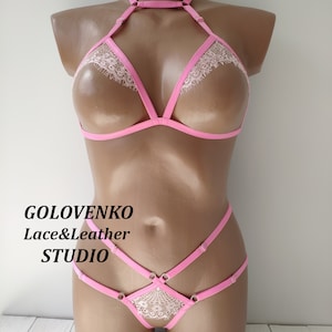 White open lingerie set, crotchless lingerie, elastic strappy lingerie, erotic cupless lingerie, white open cup bra and open crotch panties image 7