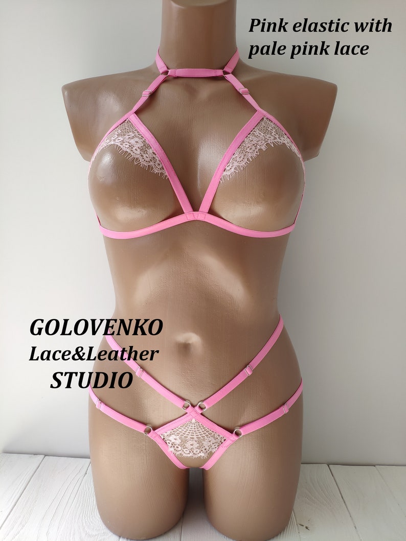 White open lingerie set, crotchless lingerie, elastic strappy lingerie, erotic cupless lingerie, white open cup bra and open crotch panties image 7