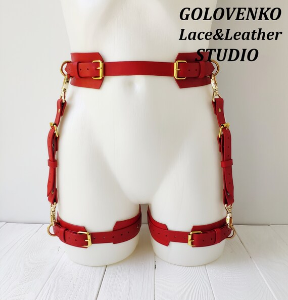 wie befriedige ich mich am besten Red Genuine Leather Garter Belt, Black Thigh Harness, Unisex Bottom Harness,  Submissive Leg Bondage, Men's Bdsm Gear, Waist and Thigh Cuffs