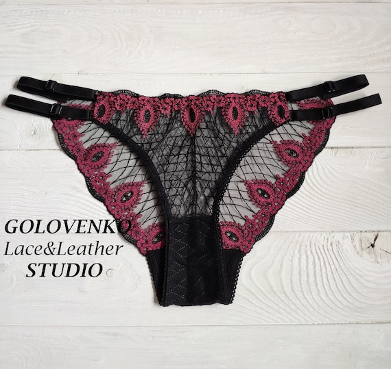 Embroidered See Through Panties, Sexy Women Panties, Black Lace Panties,  Luxury Transparent Panties, Adjustable Mesh Panties, Boudoir Panty 