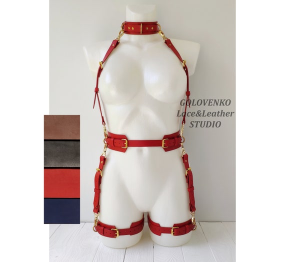 Submissive Leather Bondage, Genuine Leather Full Body Harness Set, Plus  Size Unisex Bdsm Gear, Thigh Cuffs, Garter Belt, Collar With Leash -   Canada