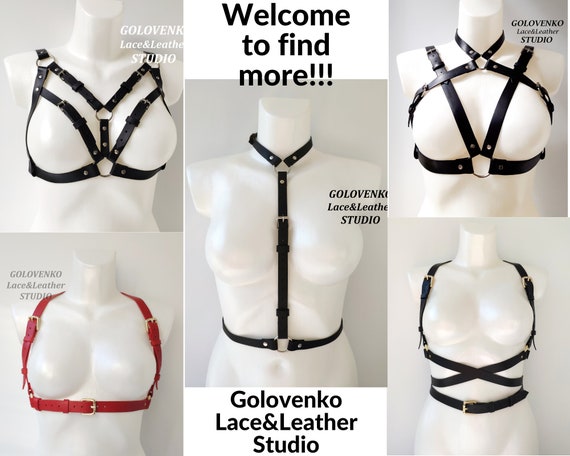 Red Leather Open Cup Bra, Leather Chest Harness, Red Leather