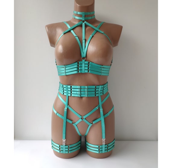 Blue Sexy Body Harness Set/ Open Crotchless Panties/ Strappy Cage