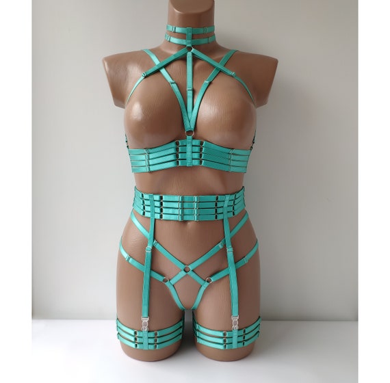 Turquoise Lingerie Set, Full Body Crotchless Lingerie, Elastic Harness,  Gift for Her, Sexy Bondage Lingerie, Open Crotch Lingerie, Garters