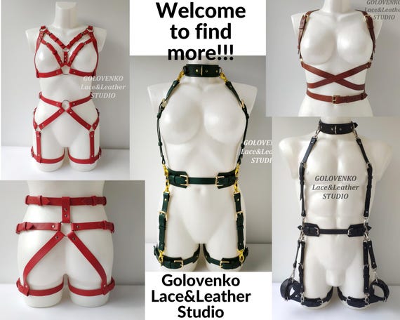 Submissive Leather Bondage, Genuine Leather Full Body Harness Set, Plus  Size Unisex Bdsm Gear, Thigh Cuffs, Garter Belt, Collar With Leash - Etsy