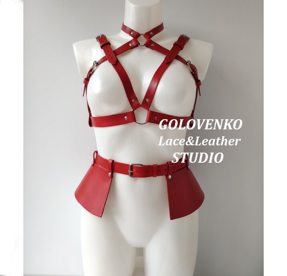 Women's Leather Body Harness Set, Red Genuine Leather Harness