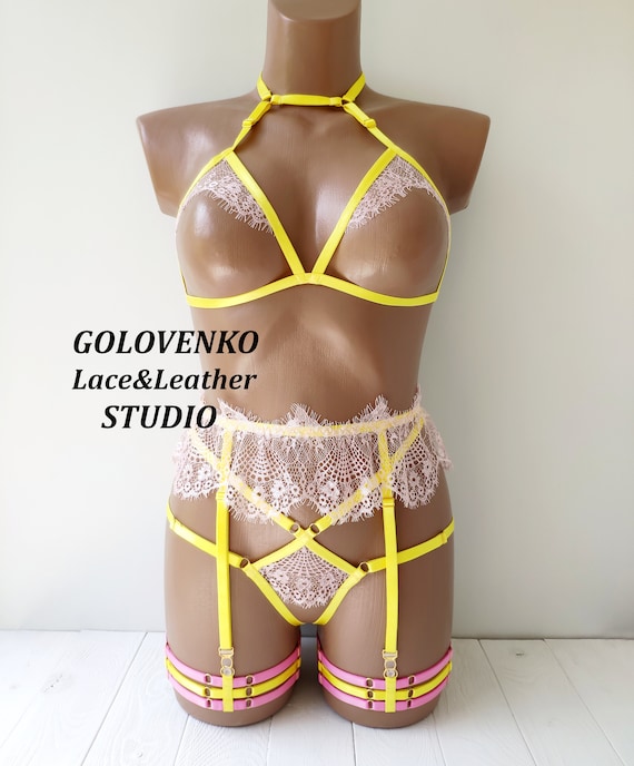 Neon Yellow Crotchless Lingerie Set With Pale Pink Lace, Extreme