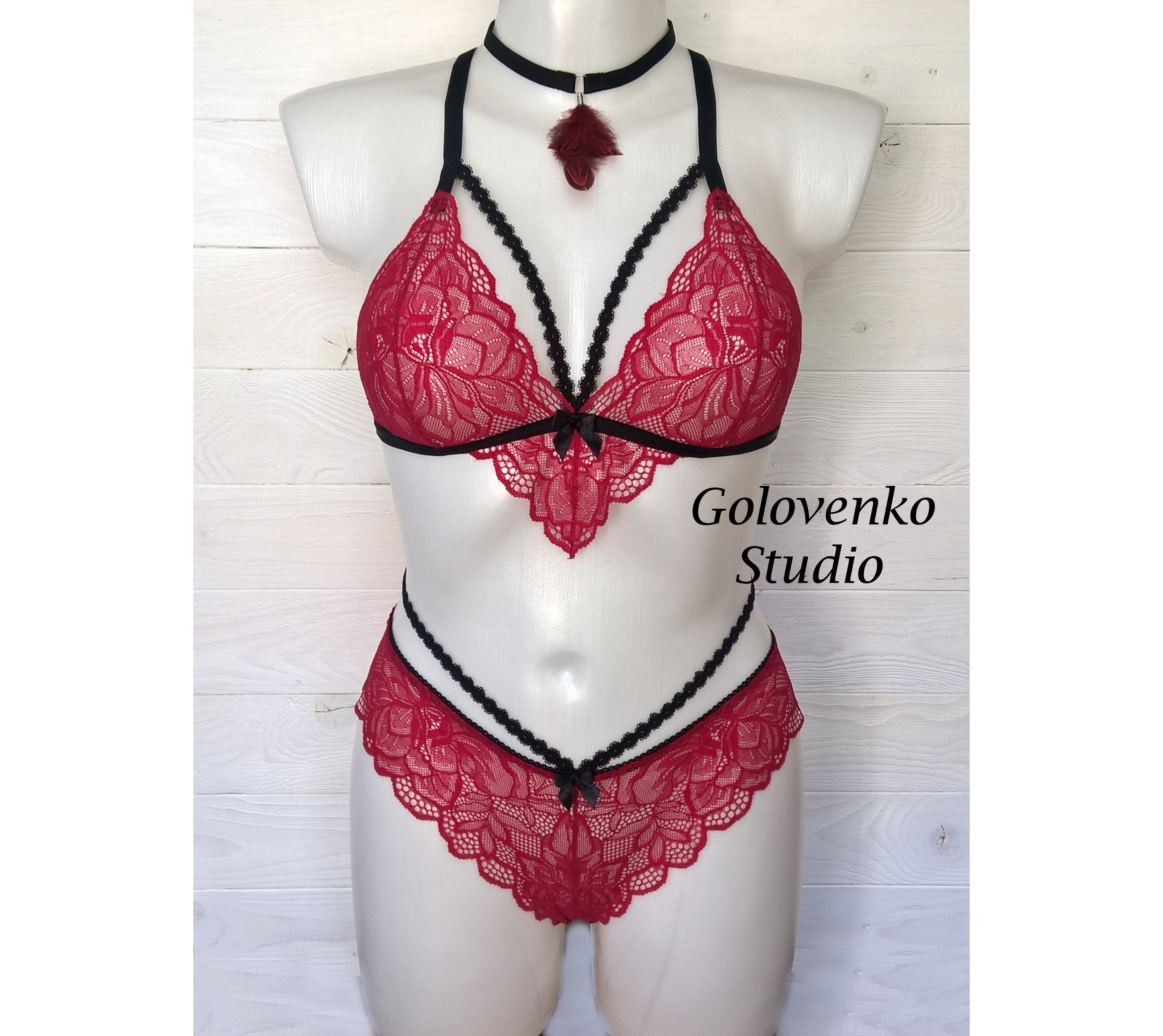 Cherry lace lingerie set with a collar, soft bralette and panties, strappy lingerie, sheer lingerie, red lingerie, honeymoon lingerie gift