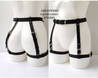 Black leather bottom harness, unisex butt harness, genuine leather garter belt, bdsm body harness, women thigh harness, men's hips bondage