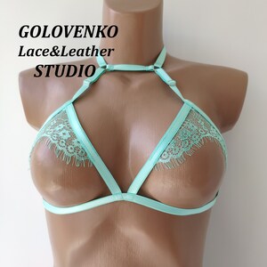 Black open cup bra, white open bra, emerald ouvert bra, strappy bralette, pink choker bra, erotic cupless lingerie, honeymoon sexy lingerie Light mint