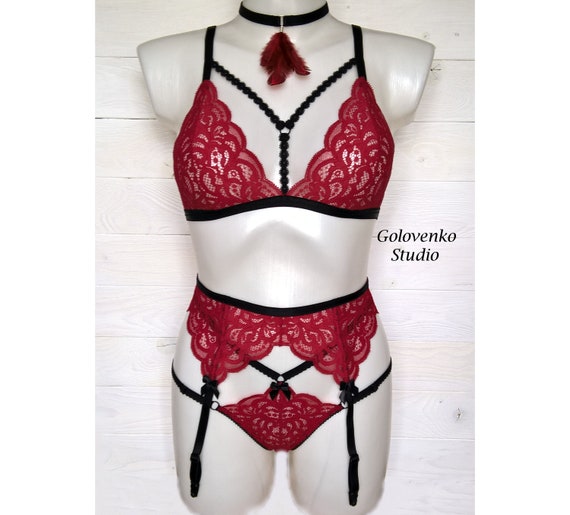 Burgundy Garter Belt Lingerie Set without Feather Collar, Dark Red