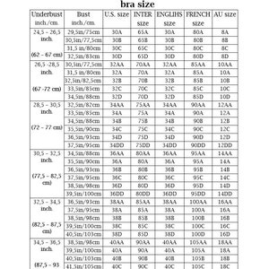 May include: A black and white bra size chart from GolovenkoStudio. The table lists underbust and bust measurements in inches and centimetres, alongside corresponding bra sizes for U.S., International, English, French, and Australian standards.