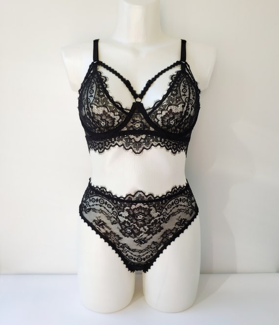 Sexy Black Lace Lingerie, Erotic Bra and High Waist Panties Set