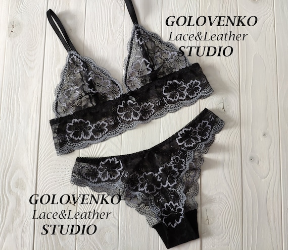 Conjunto de lenceria de encaje negro con flores grises sujetador y bragas de palangre romantico lenceria pura ver a traves de lenceria ropa interior de encaje negro Etsy Mexico
