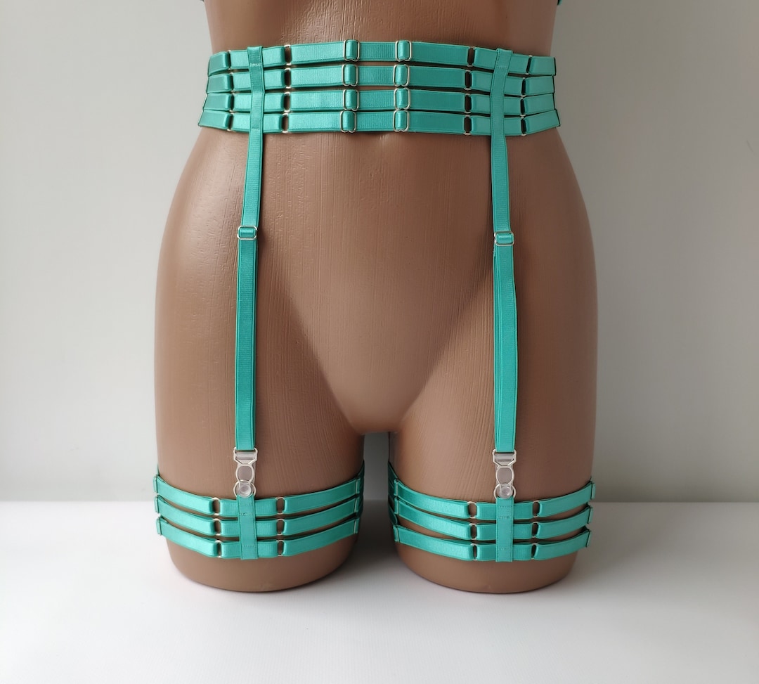 Garter Belts Black Leather Thigh Leg Garter Caged Body Harness Adjustable Waist  Chain Belt For Women Or Men Festival Rave Costume, Black, One Size Green  Rave Festival Leg Accessory