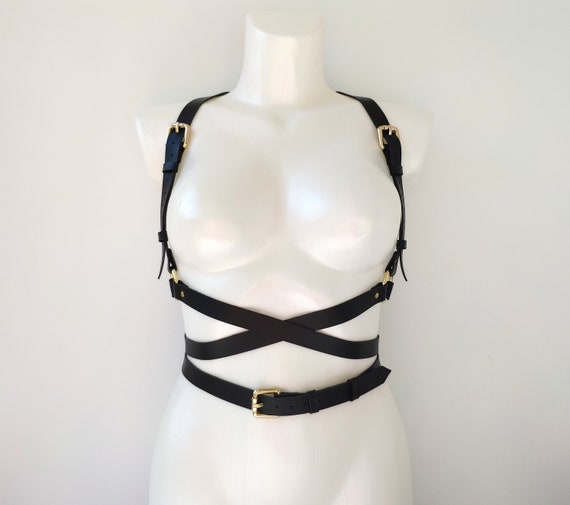 Waist Cross Belts Harness, Genuine Black Leather Harness 