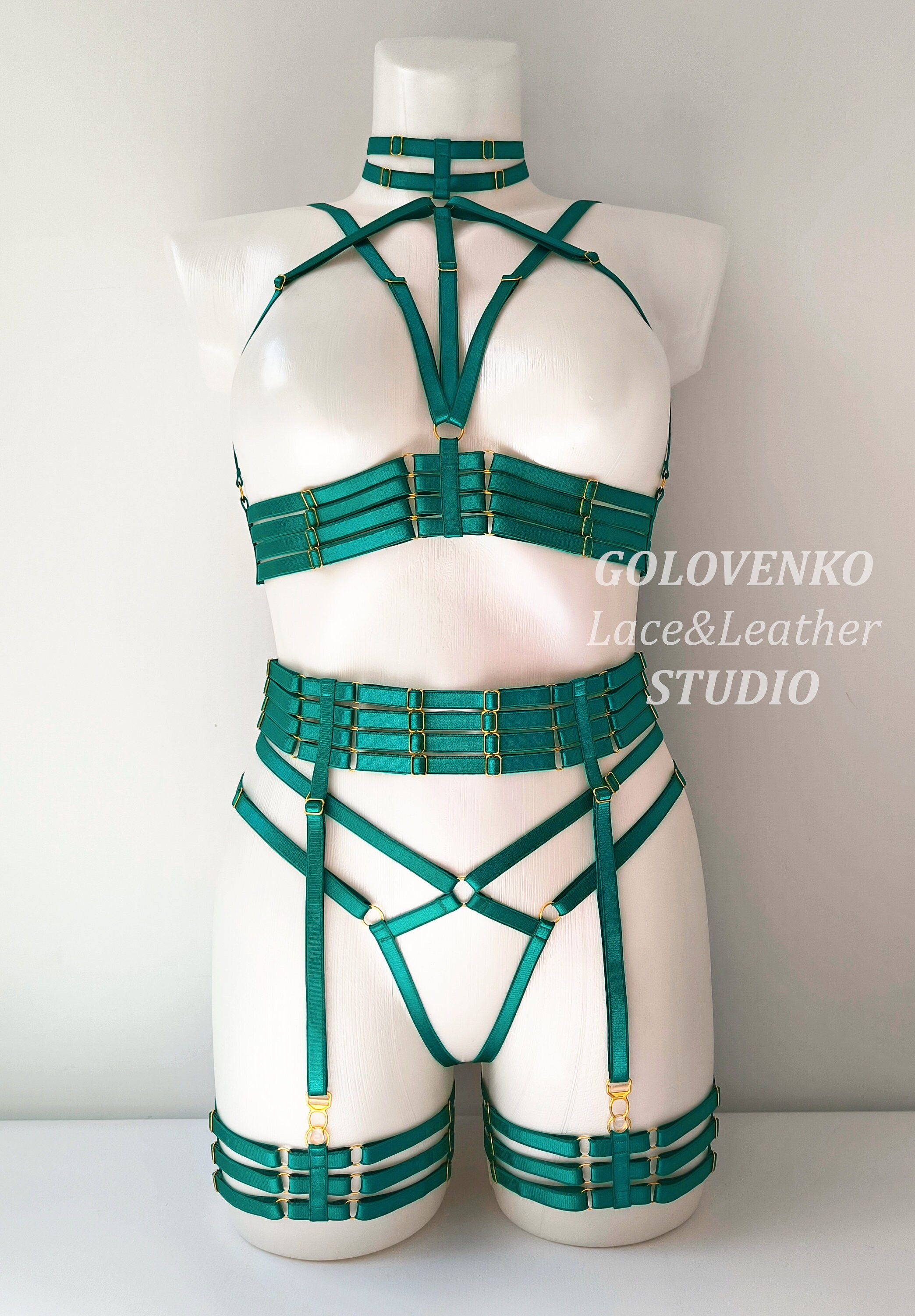 Emerald Green Full Body Elastic Harness Erotic Crotchless Lingerie Set 