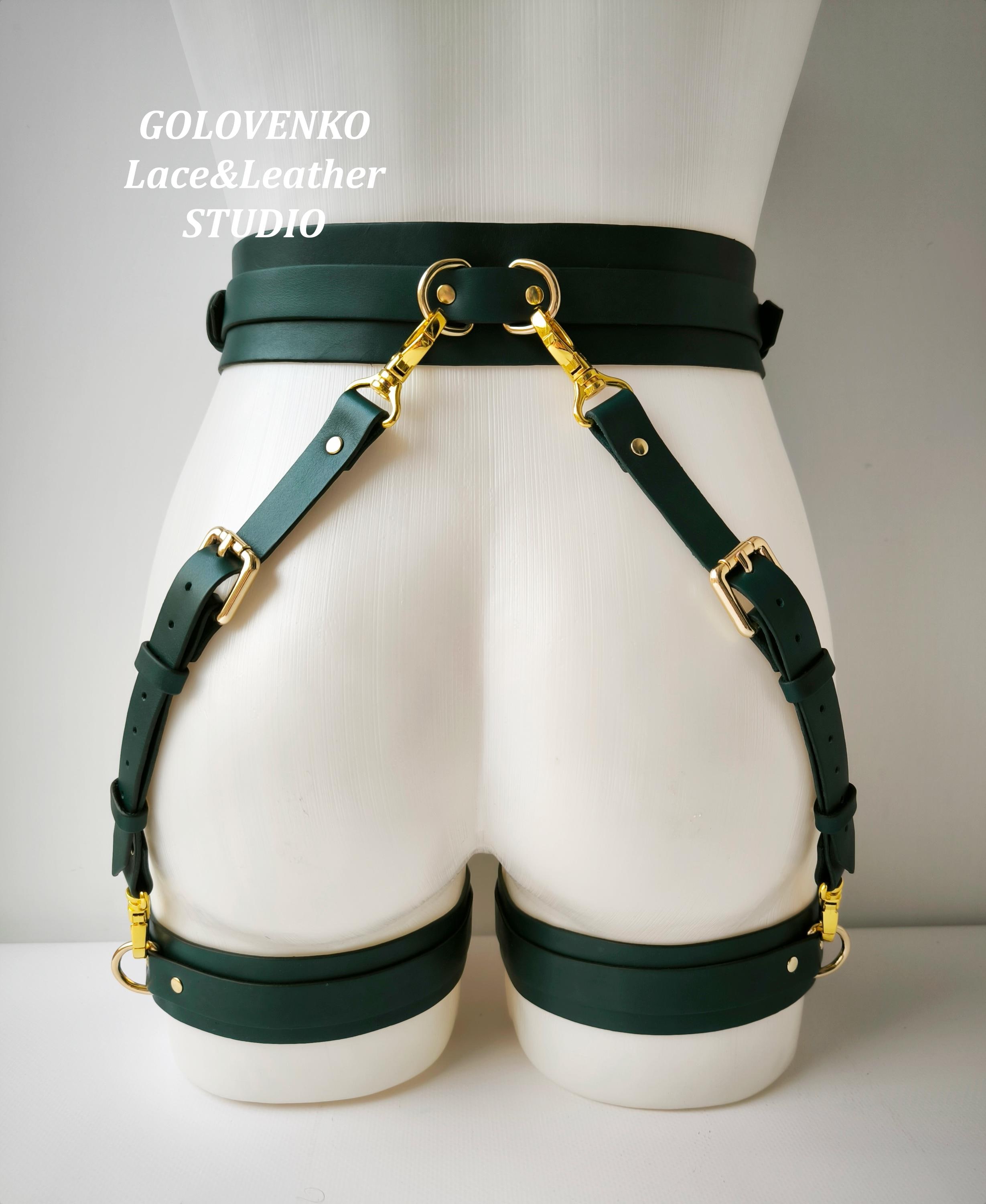 Genuine Leather Bdsm Garter Belt, Submissive Leg Bondage, Dark Green Thigh  Harness, Unisex Bottom Harness, Bdsm Gear, Waist and Thigh Cuffs - Etsy