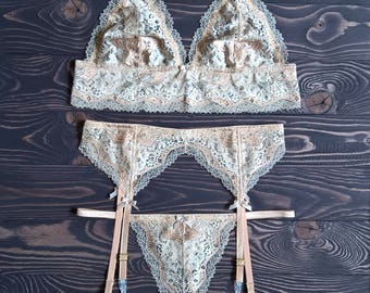 Beige garter belt lingerie set, sexy lingerie, beige boudoir lingerie, beige garter belt, longline bralette, honeymoon lingerie, bride gift