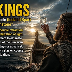 Może przedstawiać: Przezroczysty, sześcienny kryształ kalcytu trzymany w stronę słońca przez osobę w drewnianej łodzi. Tekst głosi: VIKINGS used calcite (Iceland Spar) as a sunstone. Thanks to double refraction and the polarization of light, it allowed them to estimate the position of the Sun even on cloudy days or at sunset, helping them stay on course during navigation.