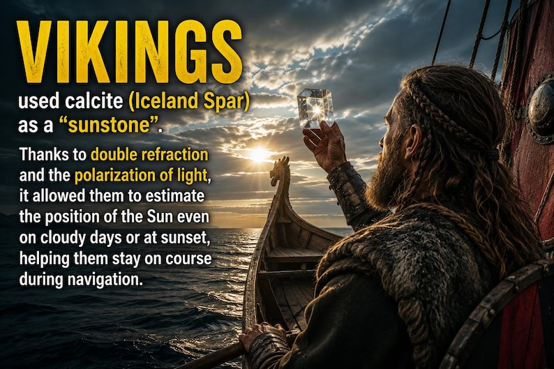 Może przedstawiać: Przezroczysty, sześcienny kryształ kalcytu trzymany w stronę słońca przez osobę w drewnianej łodzi. Tekst głosi: VIKINGS used calcite (Iceland Spar) as a sunstone. Thanks to double refraction and the polarization of light, it allowed them to estimate the position of the Sun even on cloudy days or at sunset, helping them stay on course during navigation.