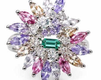 Emerald and cubic zirconia ring, 925 sterling silver, fine jewelry, delicate ring, unique gift