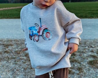 Oversize Sweater - Traktor - beige meliert Waffeljersey - Gr.  62/68 - 110/116 - Sweatshirt für Babys und Kinder bedruckt