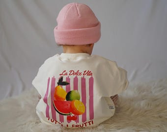 Sudadera extragrande "Tutti Frutti" | Tallas 62/68 - 122/128 | Suéter de verano | Color crema | Estampado delantero o trasero a elegir | Suéter para bebé