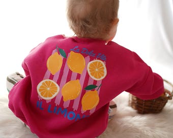 Sweater Oversize - Zitronen - La Dolce Vita - Gr. 62/68 - 122/128  -  Kinder Sweater in pink- Front oder Rückprint wählbar - Unisex Pulli