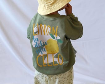 Sudadera extragrande "Limon Cello" la dolce vita | Tallas 62/68 - 122/128 | Suéter | en verde caqui | Estampado en la espalda | Suéter para niños/bebés