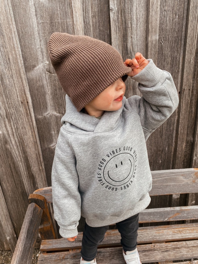 Oversize Hoodie Sweater Front Print Good Vibes Gr. 50/56 134/140 Baby Kinder Sweatshirt Statement in hellgrau Bild 8