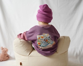 Sudadera extragrande con estampado de flores y diseño de zapatillas | Tallas 62/68 - 122/128 | Suéter | Suéter para niña | Estampado en la espalda | Suéter para niños/bebés