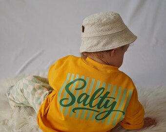 Camiseta extragrande "Salty" amarilla – Camiseta de felpa francesa para bebés y niños – Conjunto de verano Tallas 62 a 128 – Camiseta infantil moderna con estampado en la espalda