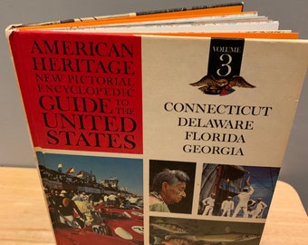 Guía enciclopédica ilustrada de EE. UU., vol. 3: diario de libros antiguos, cuaderno de geografía reciclado y obsequio cosido a mano