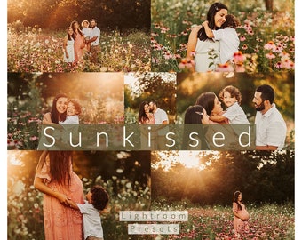 May include: A collage of photos featuring a family in a field of wildflowers. The photos capture the family in various poses, including a couple holding their child, a family of four standing together, and a pregnant woman with her child. The photos are all warm and inviting, with a soft, golden light. The text "Sunkissed Lightroom Presets" is superimposed on the collage.