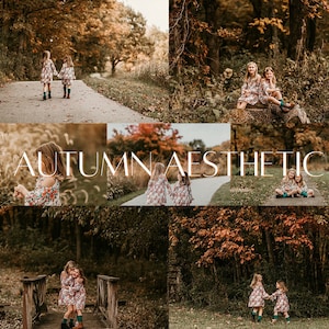 May include: Two young girls wearing floral dresses and teal socks pose in various locations in a fall forest. The girls are smiling and laughing. The text "AUTUMN AESTHETIC" is superimposed on the image.