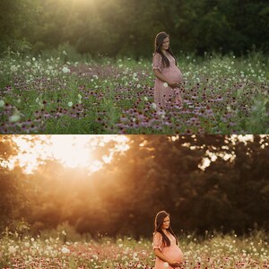 May include: A pregnant woman in a pink dress stands in a field of wildflowers. The sun is setting behind her, creating a warm glow.
