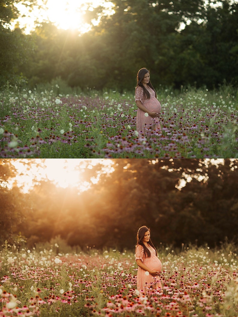 May include: A pregnant woman in a pink dress stands in a field of wildflowers. The sun is setting behind her, creating a warm glow.