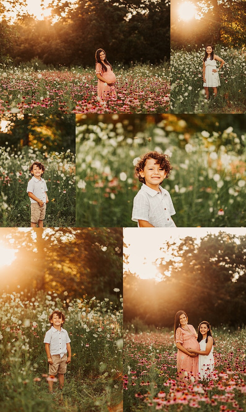 May include: A family poses in a field of wildflowers. A pregnant woman in a pink dress stands with her daughter. Two young boys stand in separate photos, one with curly hair and the other with straight hair. The photos are taken in a field of wildflowers with a golden sunset in the background.
