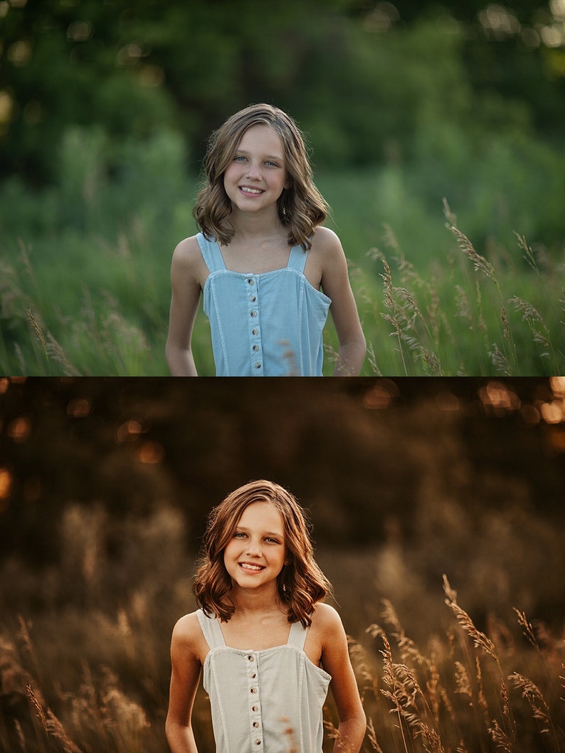 May include: A young person with long brown hair is wearing a light blue sleeveless top and smiling at the camera. They are standing in a field of tall grass.