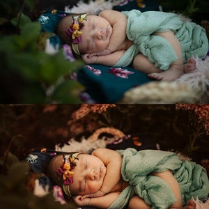 May include: A newborn baby girl is sleeping peacefully in a basket lined with a teal and floral patterned fabric. She is wearing a light green swaddle and a floral headband.