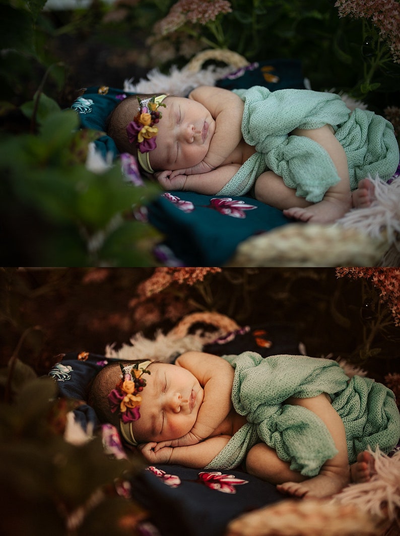 May include: A newborn baby girl is sleeping peacefully in a basket lined with a teal and floral patterned fabric. She is wearing a light green swaddle and a floral headband.