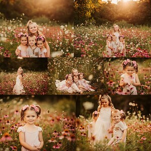 May include: A group of children in pink dresses and white shirts pose in a field of pink and white wildflowers. The children are smiling and looking at the camera. The field is full of wildflowers and the sun is shining.