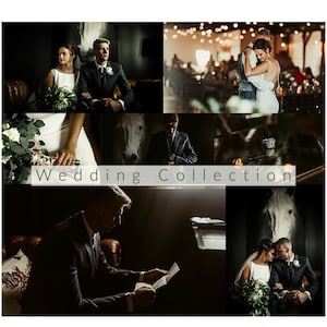 May include: A collage of wedding photos featuring a couple in various poses, including a portrait of the bride and groom, a shot of the groom getting ready, and a photo of the couple dancing. The photos are set against a backdrop of a rustic barn and a white horse.