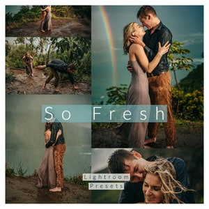 May include: A set of Lightroom presets called "So Fresh" with a collage of images featuring couples in a lush green forest setting with a rainbow in the background.