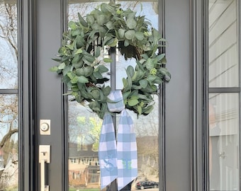 Light Blue Buffalo Plaid Check | Classic Embroidered Wreath Sash | Personalized | Monogrammed | Cotton | Baby Boy Baptism Communion Wedding