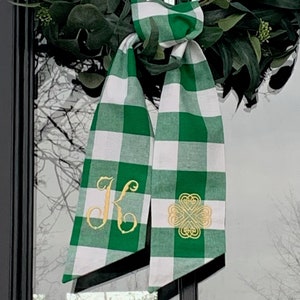 Green Classic Embroidered Wreath Sash | Personalized | Monogrammed | Cotton | Green Buffalo Plaid Check | St Patty&#39;s Patricks Day Shamrock